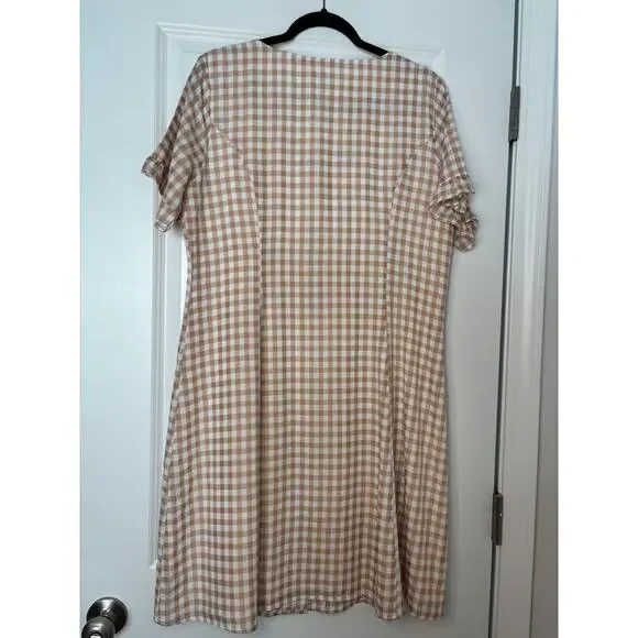 O.T.T Tan White Gingham Button Front Midi Dress Women’s Size Large Cottagecore - Picture 2 of 4